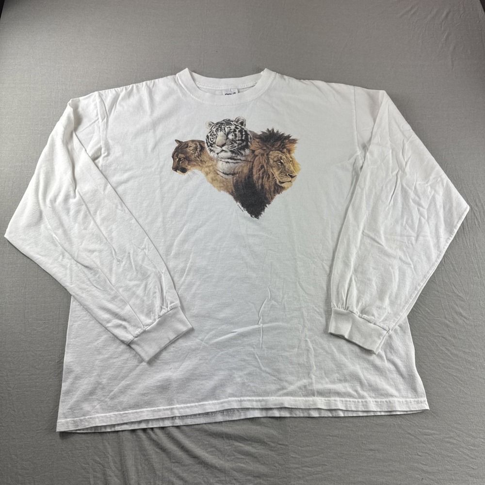 Vtg Anvil Shirt Mens 2X White Long Sleeve Made in USA Lion Tigers Cats 90s READ